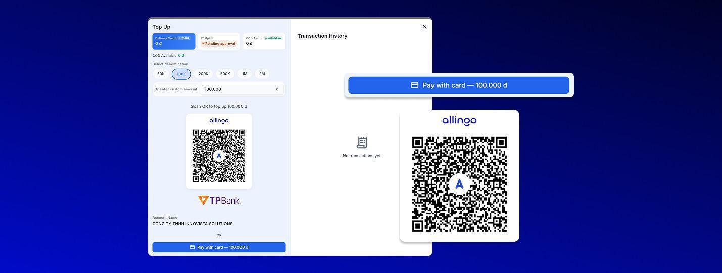 Nạp tín dụng giao hàng bằng mã QR hoặc thẻ
