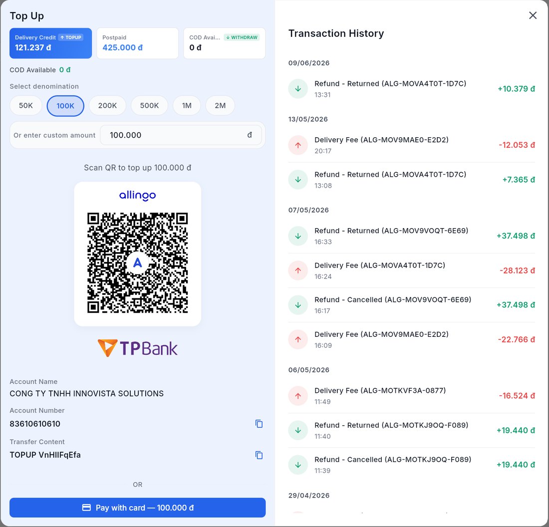 Allingo Top Up panel with transaction history