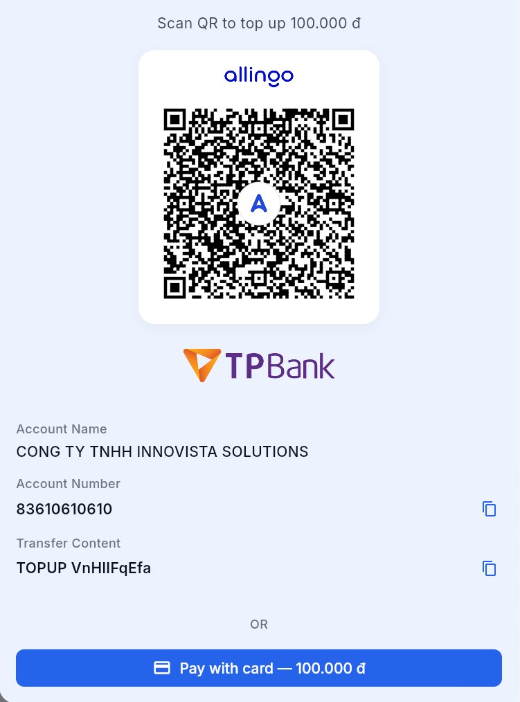 QR code top-up panel with TPBank account details